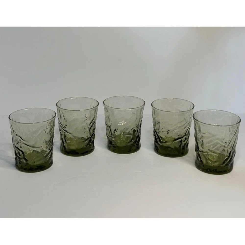 VTG Libbey Aztec Olive Green Drinking Glasses Set 5 MCM Textured Rocks Drinkware